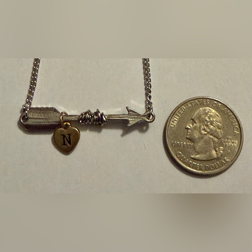 Initial “N” Arrow Pendant Necklace with Initial Charm - Silver Tone